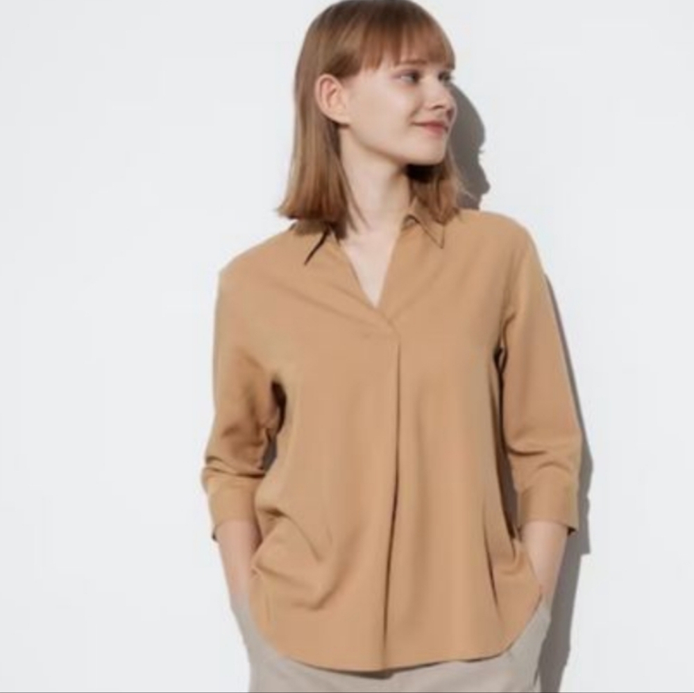 Uniqlo rayon 3/4 sleeve minimalist casual shirt camel brown large